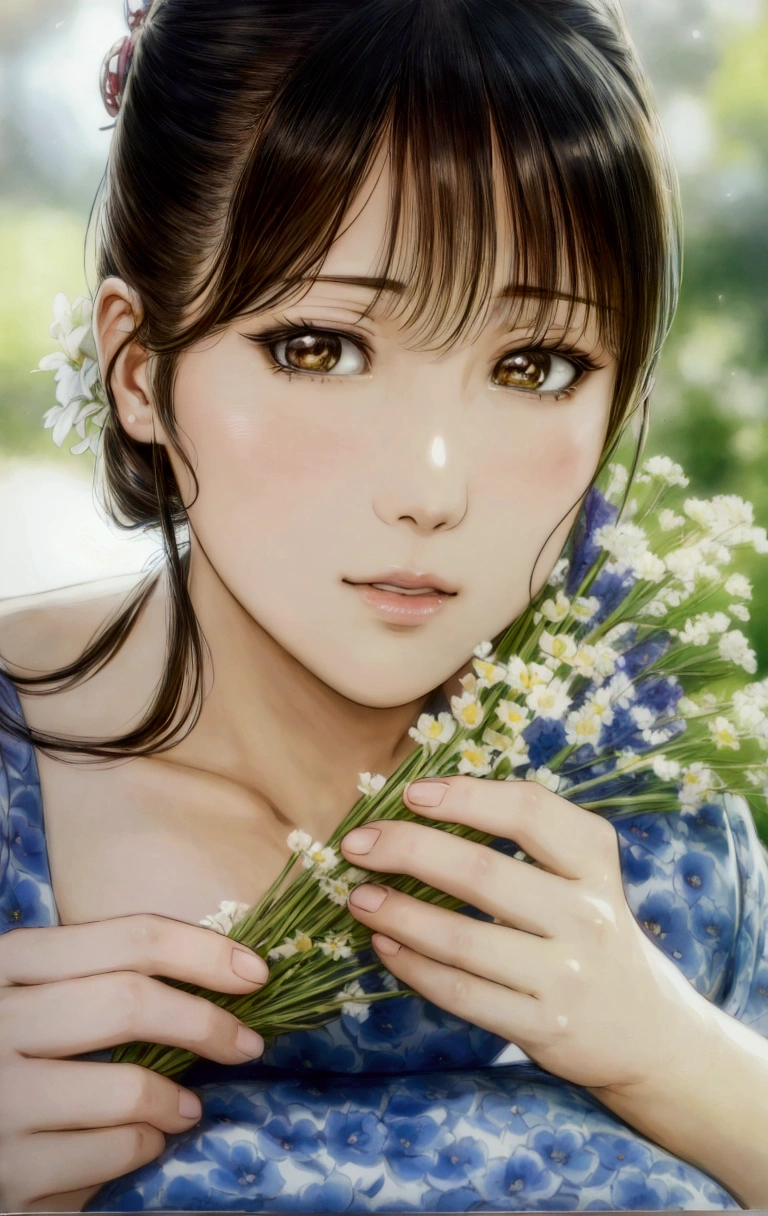 manga style, a close up of a woman holding a bunch of flowers, by Yamagata Hiro, beautiful anime portrait, detailed portrait of anime girl, realistic cute girl painting, beautiful digital artwork, beautiful japanese girls face, a beautiful artwork illustration, by Miwa Komatsu, realistic. cheng yi, photorealistic anime, beautiful anime girl, by Tanomura Chikuden