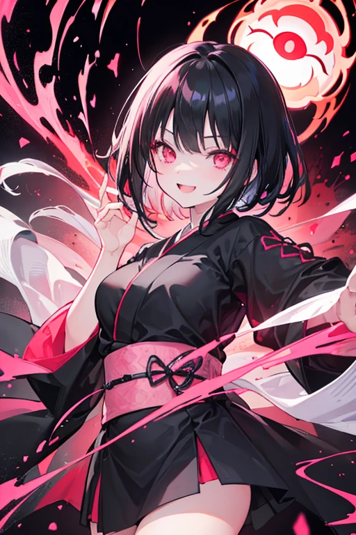 original character , One girl, (Crazy Smile:1.2) , Black Hair , bangs , Crazy Eyes , Put your hands on your face , Red and black color scheme, Open your mouth, (Eyes Wide Open:1.2), Glowing Eyes, Pink Eyes, Pink Eyes、kimono、Short、witch
