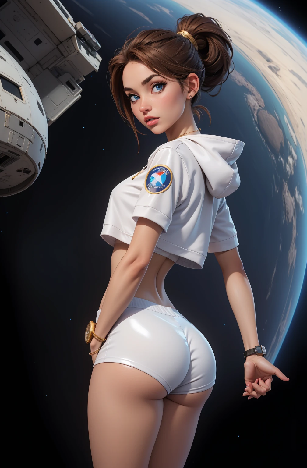 brown hair, blue eyes, ponytail, (white crop top hoodie), (white latex short shorts), gold necklace, wrist watch, in a cockpit of a spaceship, in space (photorealistic: 1.4), looking back at viewer