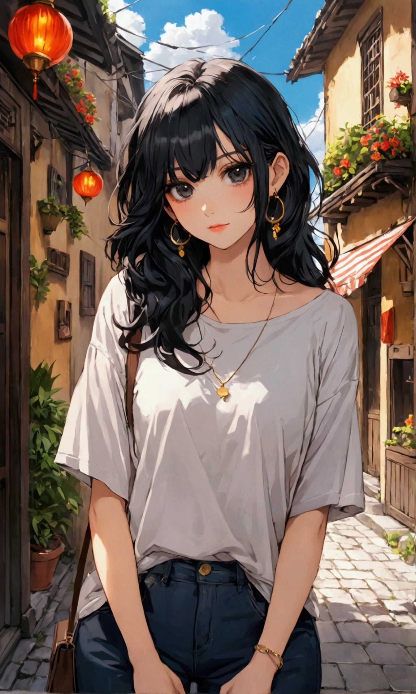 A girl with long black hair and black eyes,casual wear.