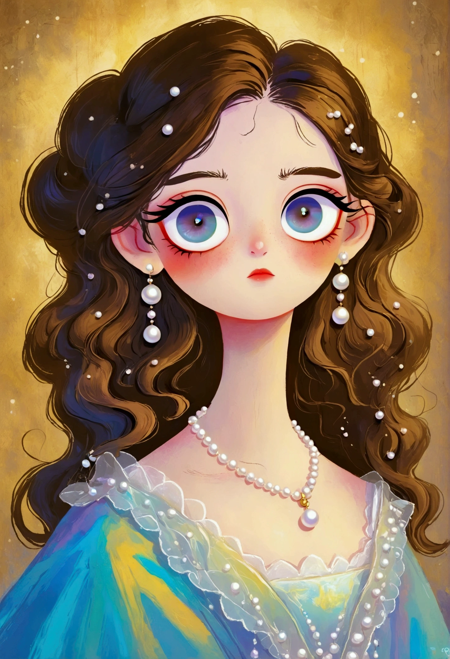 Pastel Art。Q version，Cartoon，Girl wearing pearl earrings，big eyes，Leonardo da Vinci Art