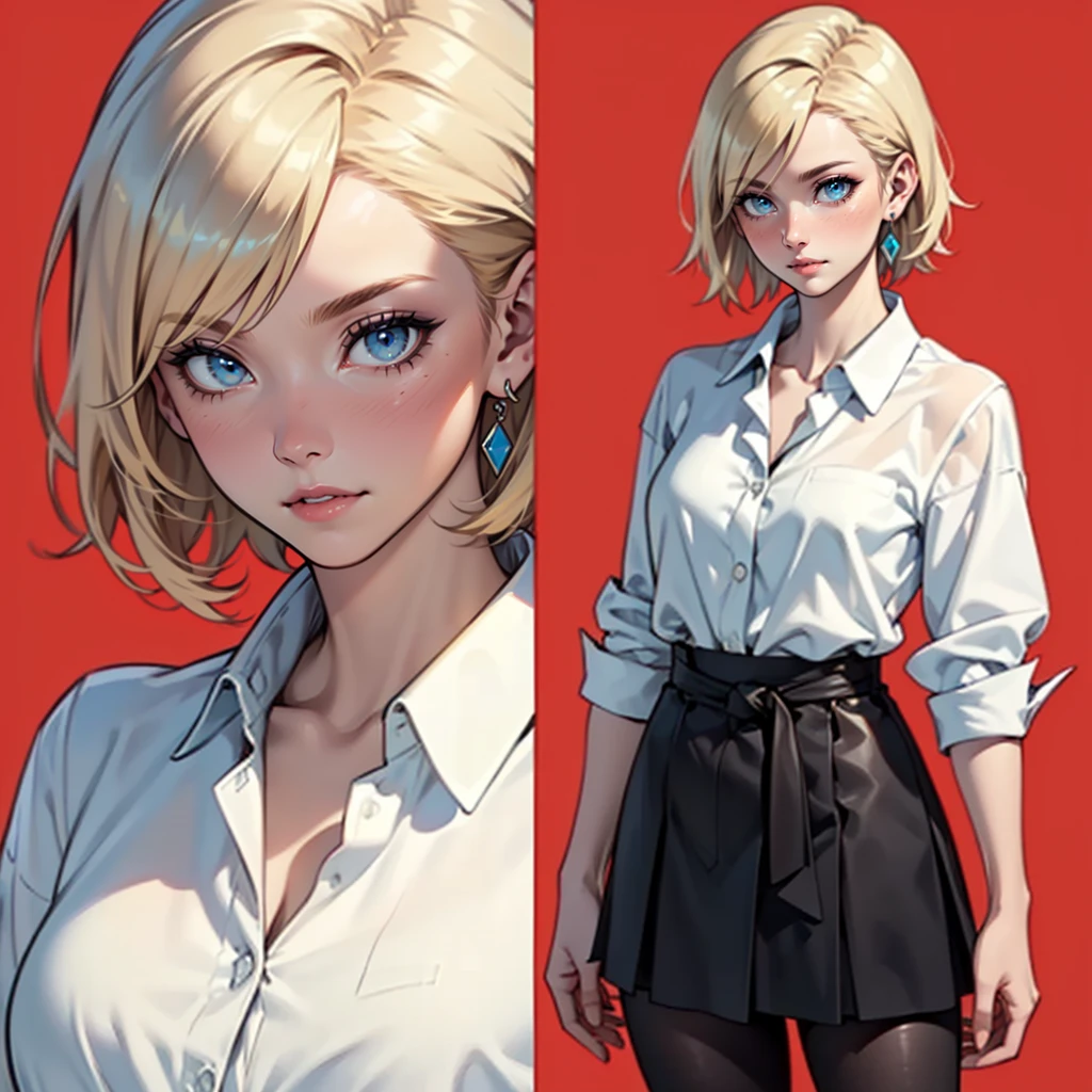 ((masterpiece)), (((best quality))), 1 female, pale white skin, very light blonde hair, medium hair, bob hair style, beautiful woman, blue eyes, simple earrings, blouse, skirt, leggings, small breasts, waist up view, detailed face, highest quality, highly detailed, original, high resolution CG Unit 8k wallpaper, (best quality, artwork, masterpiece, 4k)