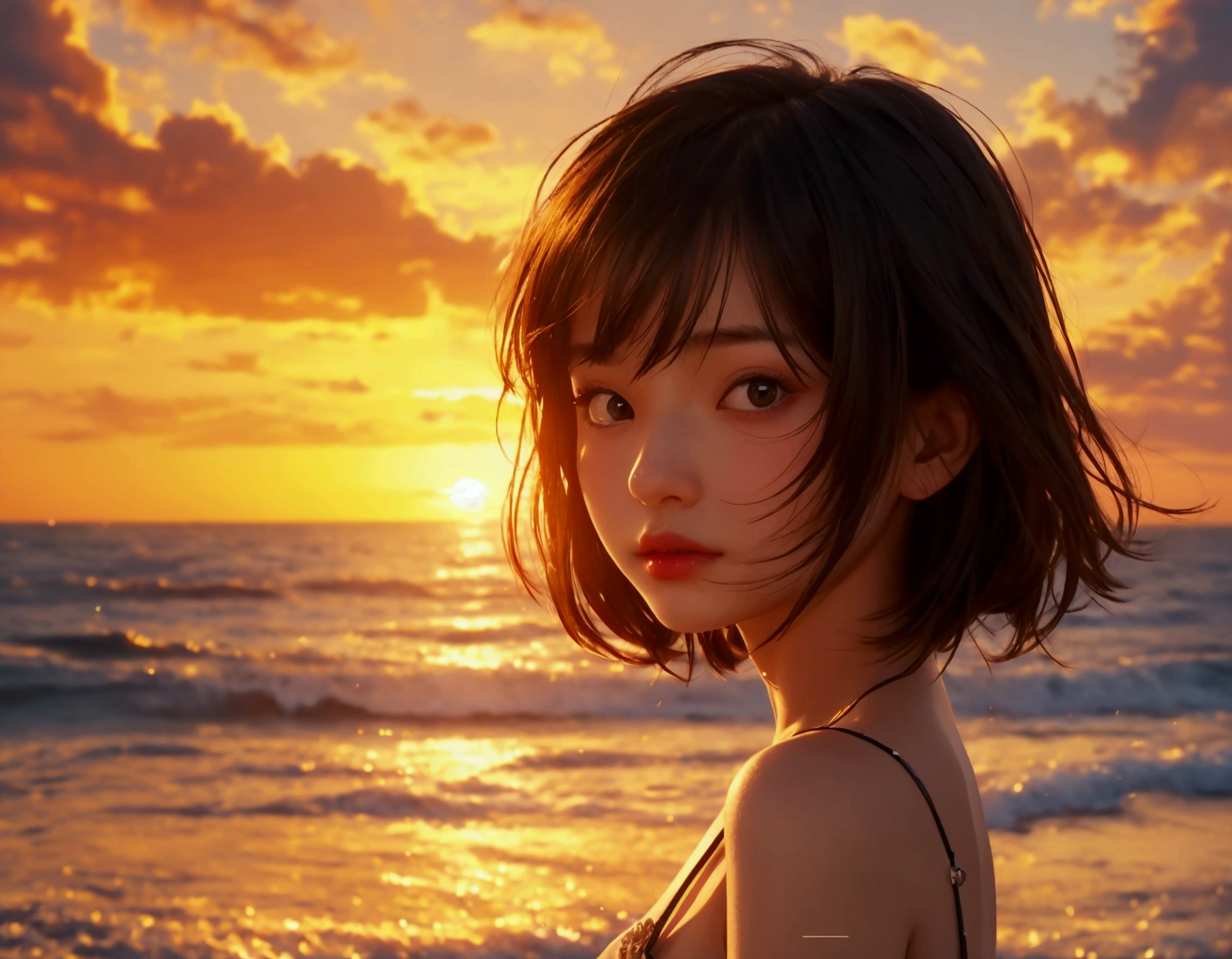 Brunette Girl , 20 years , sunset , beach