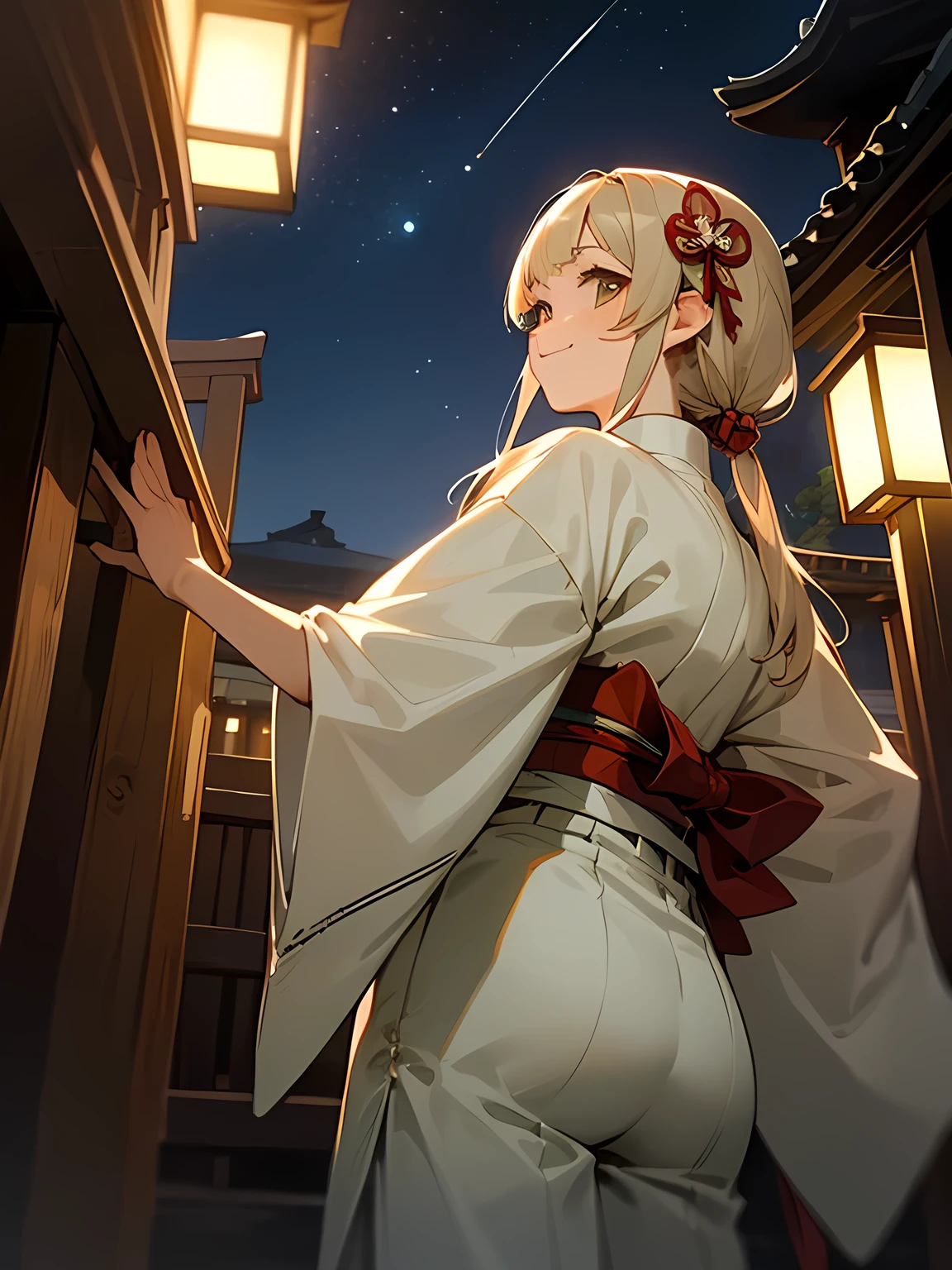 from below:1.3,((I am the main character)), model pose,solo, upperbody, beige hair color, asymmetrical bangs, long sideburns, white Japanese clothes, Japanese-style white mini pants, smile, ribbon hair ornament, evening, Japanese shrine, precincts,Cute atmosphere, looking up at the night sky, thinking