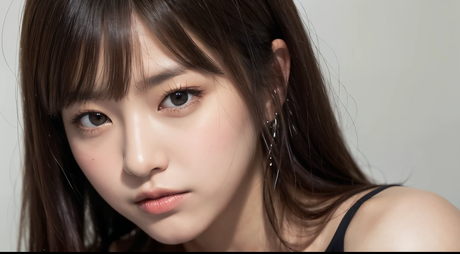 Long black hair with bangs, , Japanese women,Age 25, Long straight bangs, Slit eyes、Highest quality, Ultra-high resolution, Highly detailed skin,