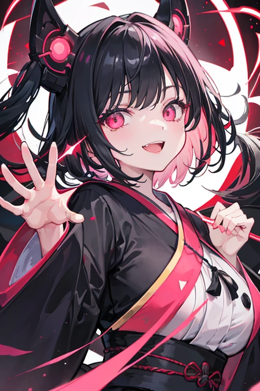 original character , One girl, (Crazy Smile:1.2) ,  Black Hair , bangs , Crazy Eyes , Put your hands on your face , Red and black color scheme, Open your mouth, (Eyes Wide Open:1.2), Glowing Eyes, Pink Eyes, Pink Eyes、kimono、Short、witch