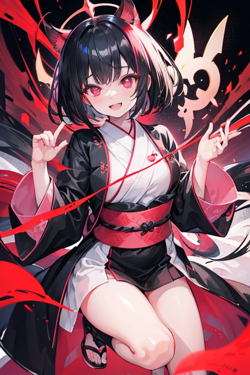original character , One girl, (Crazy Smile:1.2) , Black Hair , bangs , Crazy Eyes , Put your hands on your face , Red and black color scheme, Open your mouth, (Eyes Wide Open:1.2), Glowing Eyes, Pink Eyes, Pink Eyes、kimono、Short、witch