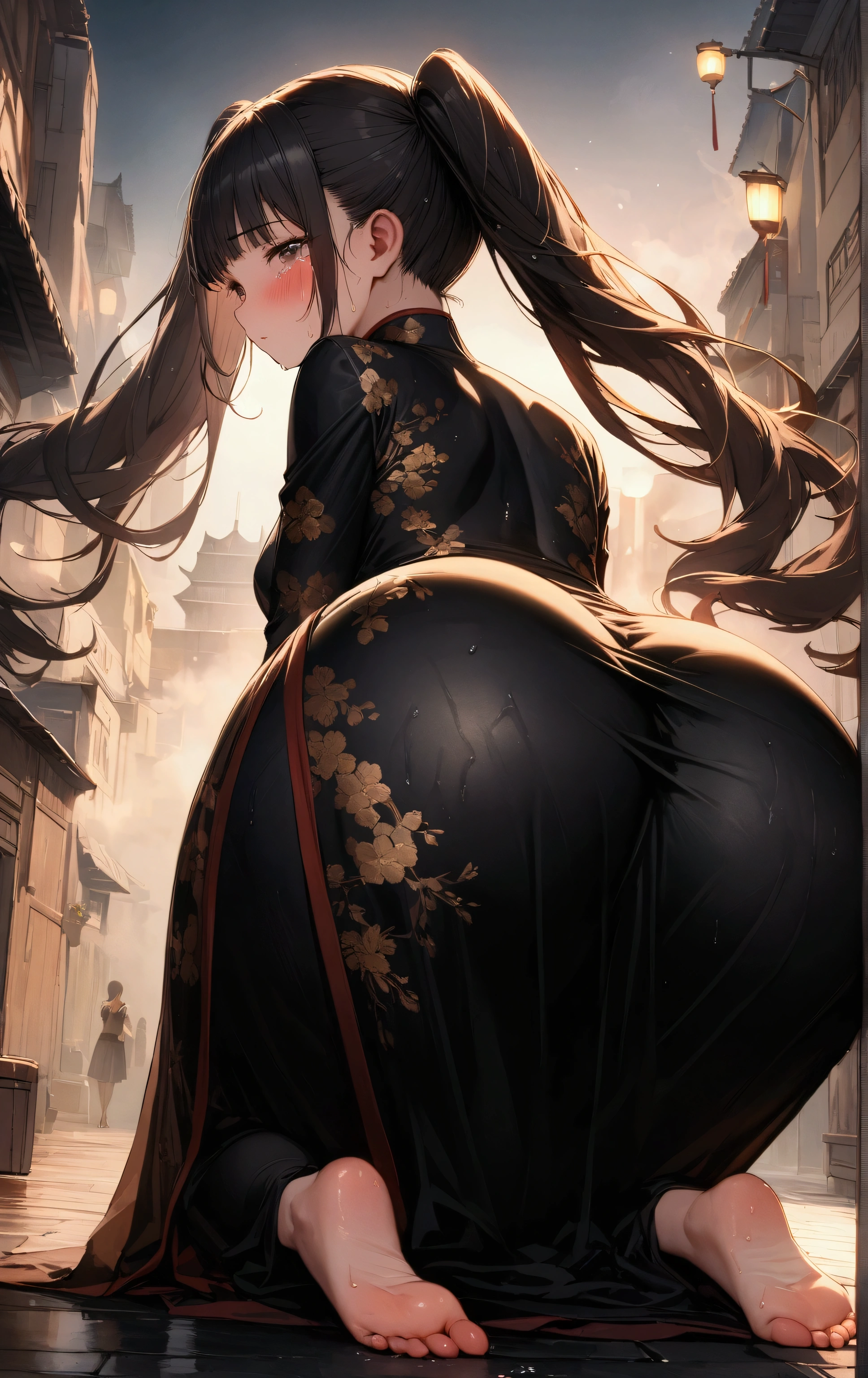 Twin tails、Highly detailed Chinese dress, Looks about , (beautiful girl: 1.3),Highest quality,8k,Highly detailed CG unit wallpaper,masterpiece:1.2,top-quality,Ultra-high resolution,RAW Photos,real texture skin,Cinema Lighting,Embarrassing,blush, vapor,Wet,Sweat,Moist eyes,weak,Huge buildings,metropolis,A girl delivering Chinese food,A girl in tears because she was late delivering food,Steam from cooking,prostration,Rear View,(Big, round, beautifully shaped butt)