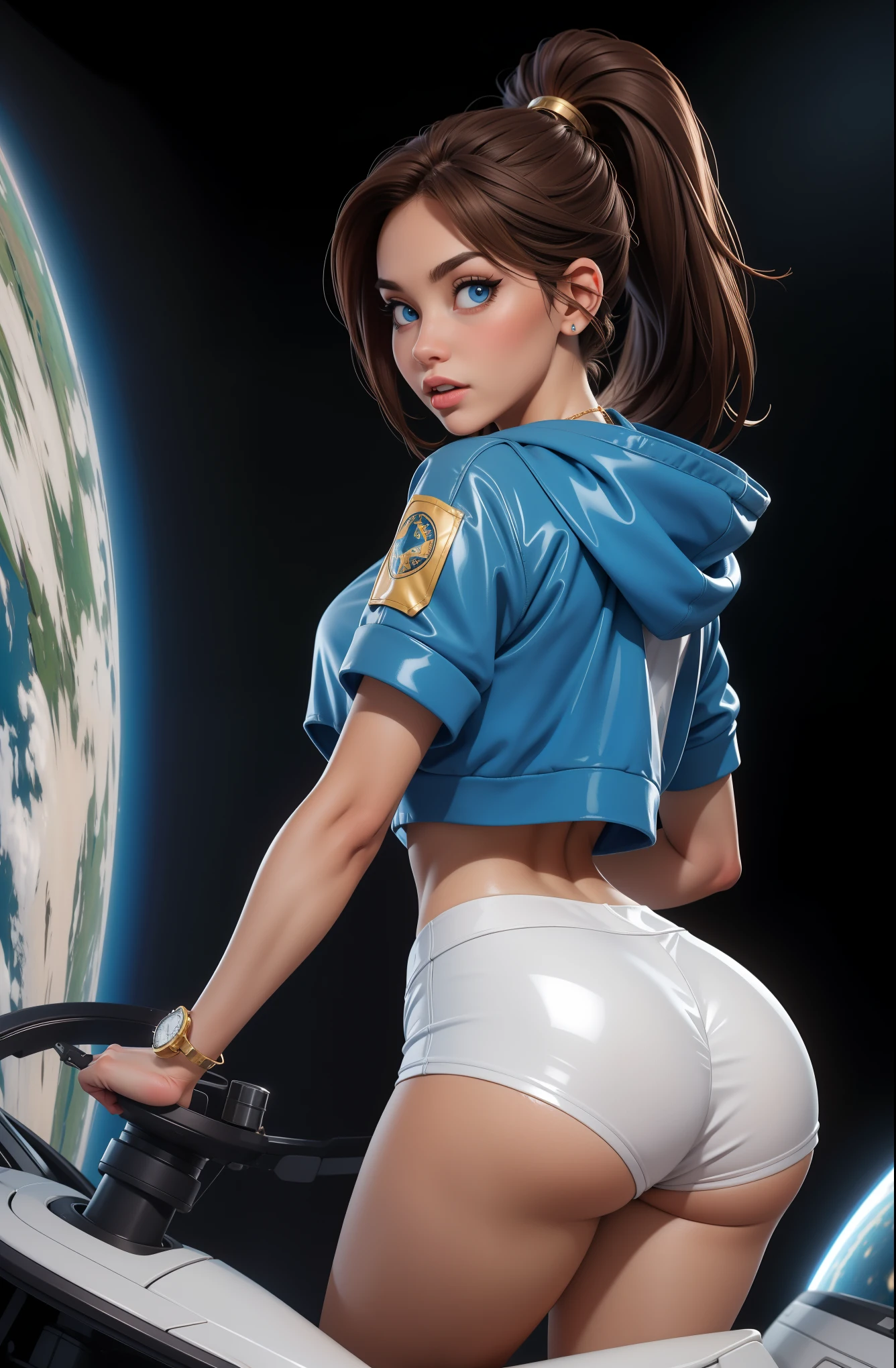 brown hair, blue eyes, ponytail, (white crop top hoodie), (white latex short shorts), gold necklace, wrist watch, in a cockpit of a spaceship, in space (photorealistic: 1.4), looking back at viewer