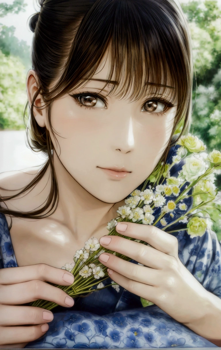 manga style, a close up of a woman holding a bunch of flowers, by Yamagata Hiro, beautiful anime portrait, detailed portrait of anime girl, realistic cute girl painting, beautiful digital artwork, beautiful japanese girls face, a beautiful artwork illustration, by Miwa Komatsu, realistic. cheng yi, photorealistic anime, beautiful anime girl, by Tanomura Chikuden