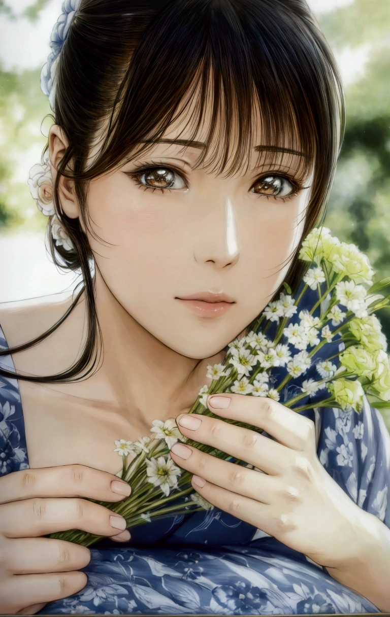 manga style, a close up of a woman holding a bunch of flowers, by Yamagata Hiro, beautiful anime portrait, detailed portrait of anime girl, realistic cute girl painting, beautiful digital artwork, beautiful japanese girls face, a beautiful artwork illustration, by Miwa Komatsu, realistic. cheng yi, photorealistic anime, beautiful anime girl, by Tanomura Chikuden