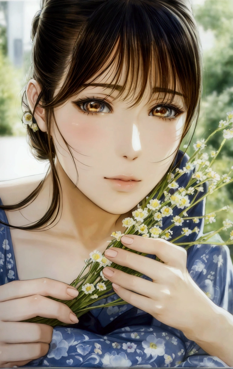 manga style, a close up of a woman holding a bunch of flowers, by Yamagata Hiro, beautiful anime portrait, detailed portrait of anime girl, realistic cute girl painting, beautiful digital artwork, beautiful japanese girls face, a beautiful artwork illustration, by Miwa Komatsu, realistic. cheng yi, photorealistic anime, beautiful anime girl, by Tanomura Chikuden
