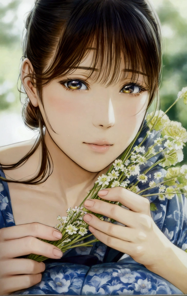 manga style, a close up of a woman holding a bunch of flowers, by Yamagata Hiro, beautiful anime portrait, detailed portrait of anime girl, realistic cute girl painting, beautiful digital artwork, beautiful japanese girls face, a beautiful artwork illustration, by Miwa Komatsu, realistic. cheng yi, photorealistic anime, beautiful anime girl, by Tanomura Chikuden