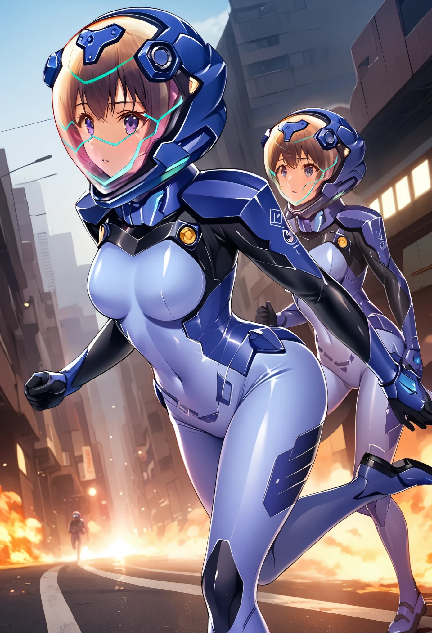 short hair, street, emo, BLACK hair, white eyes, eyeliner, apocalypse, (holding sword), astronaut, fighting stance,  girl,   running, road, city,  fortified suit, ((blue:1.5) plugsuit), short hair, outdoors, cinematic light,  medium breasts, covered navel, space helmet, muvluv, space helm, eva helmet,[[[[ 2girl