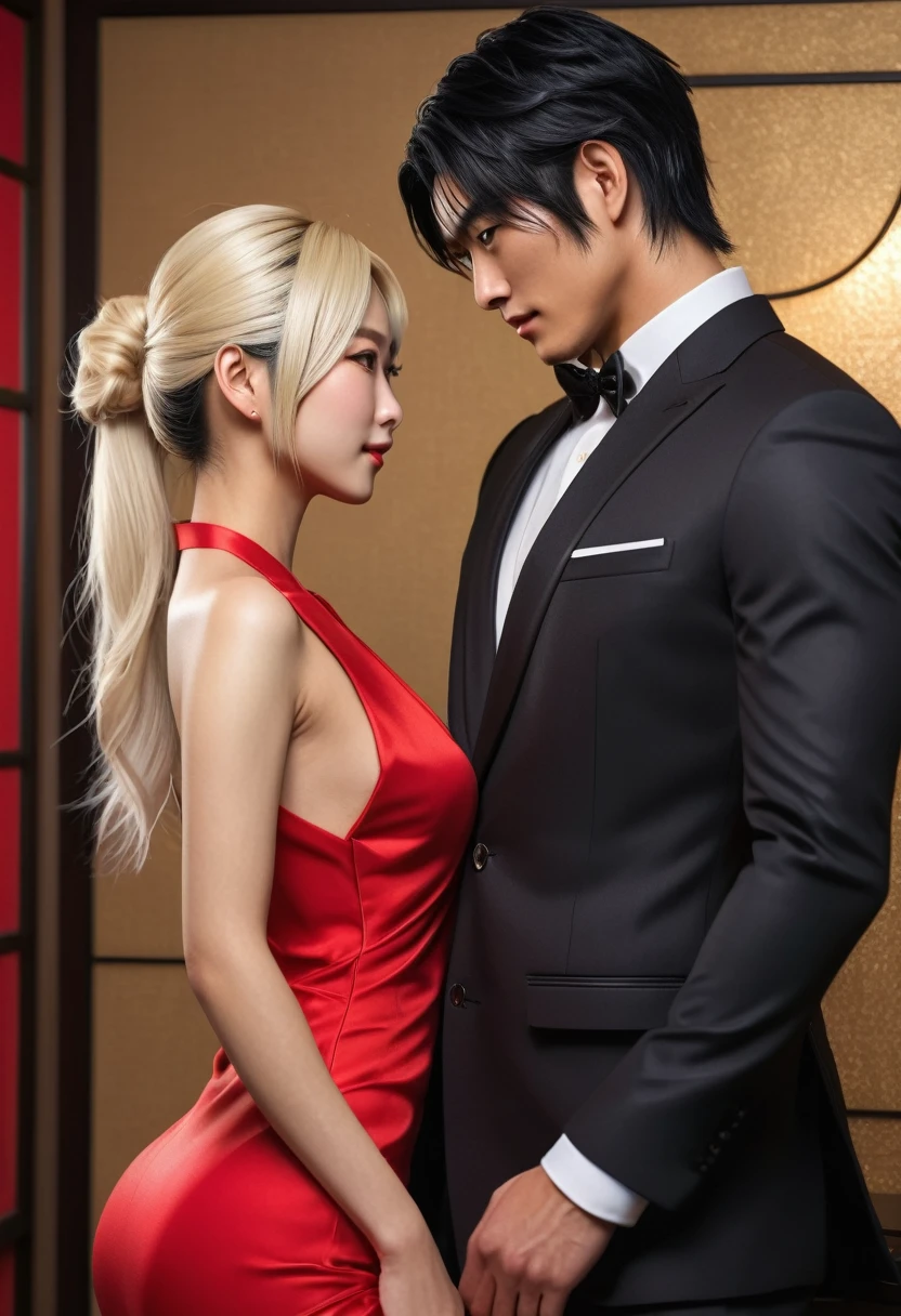 "(super high quality,Realistic:1.37),Japanese men and women,Detailed skin,Man in suit,Blonde,Woman in a sexy red dress,Black Hair,Sexy vibe,romantic scene"