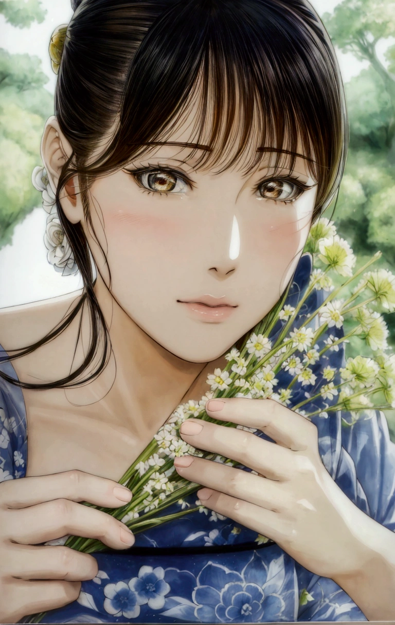 manga style, a close up of a woman holding a bunch of flowers, by Yamagata Hiro, beautiful anime portrait, detailed portrait of anime girl, cute girl painting, beautiful digital artwork, beautiful japanese girls face, a beautiful artwork illustration, by Miwa Komatsu,. cheng yi, anime, beautiful anime girl, by Tanomura Chikuden