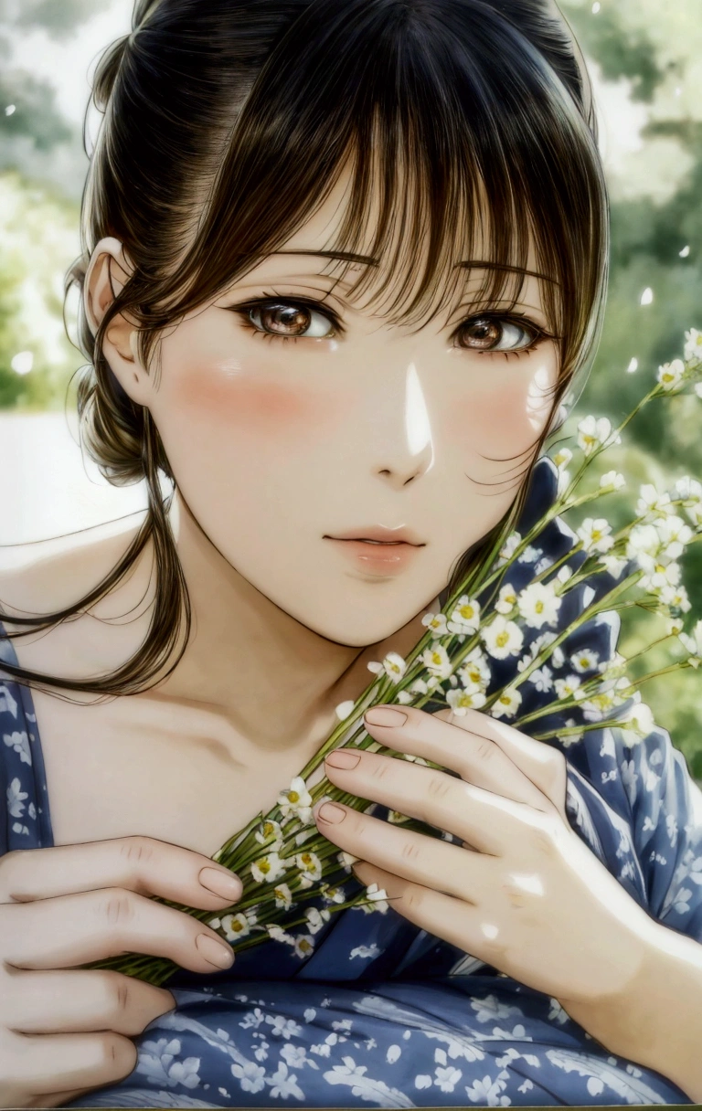 manga style, a close up of a woman holding a bunch of flowers, by Yamagata Hiro, beautiful anime portrait, detailed portrait of anime girl, cute girl painting, beautiful digital artwork, beautiful japanese girls face, a beautiful artwork illustration, by Miwa Komatsu,. cheng yi, anime, beautiful anime girl, by Tanomura Chikuden