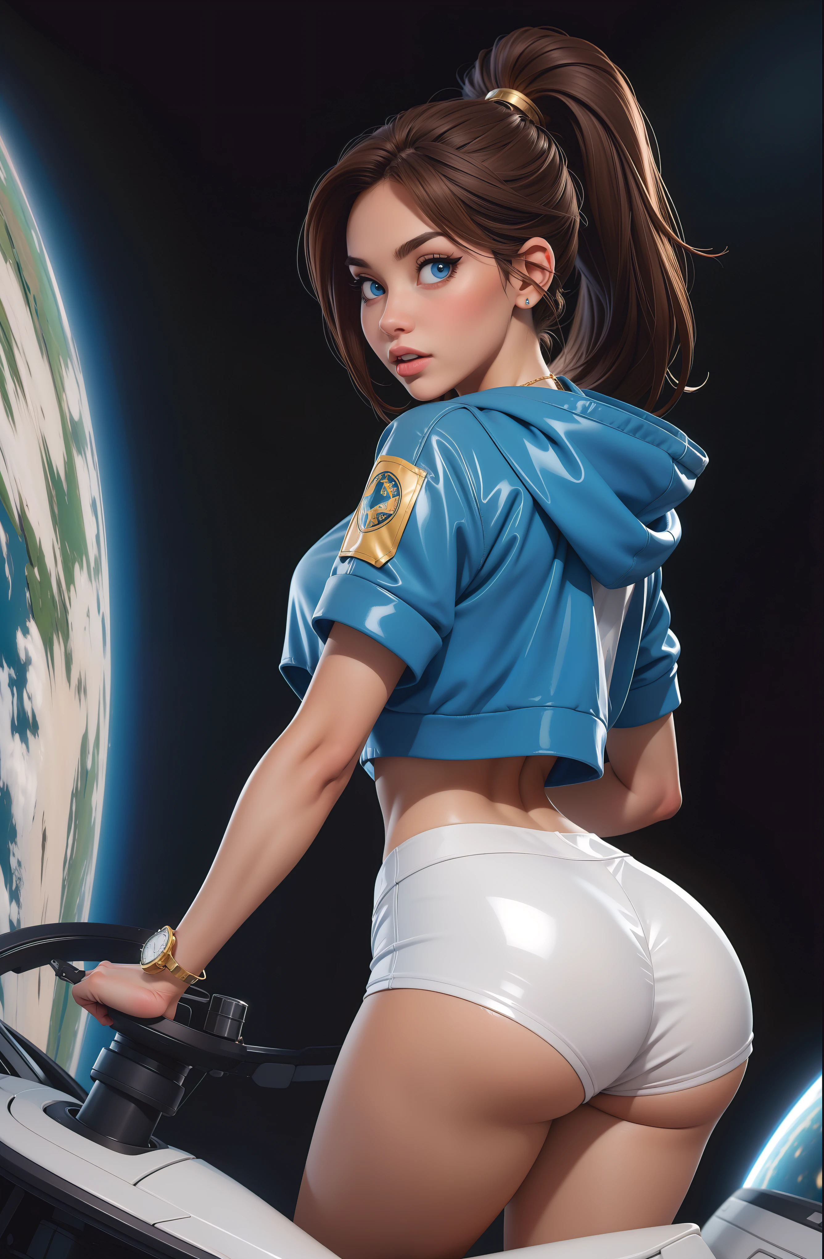 brown hair, blue eyes, ponytail, (white crop top hoodie), (white latex short shorts), gold necklace, wrist watch, in a cockpit of a spaceship, in space (photorealistic: 1.4), looking back at viewer