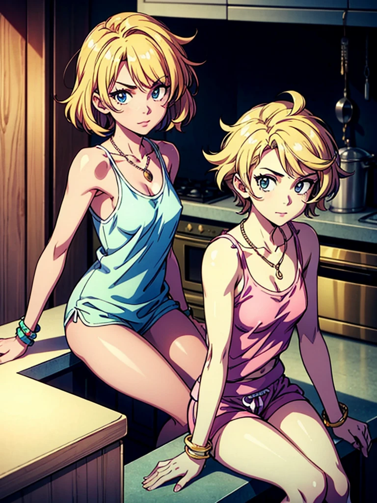 2 teenage girls, wearing very small pink pajama shorts and pajama tank top, leaning against a kitchen counter, blond messy hair, necklaces, bracelets,  looking straight at viewer, sultry look, 