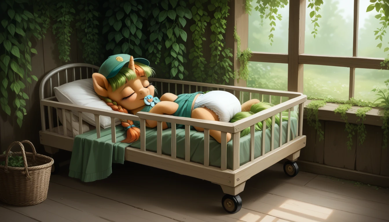 pony, бежевая земная pony, no horn, no wings, adult filly, lush mane braided, bushy tail, closed eyes, sleeps in a crib, dressed in a vest, cap and booties, pacifier in mouth, solo, thick diaper under clothes. 