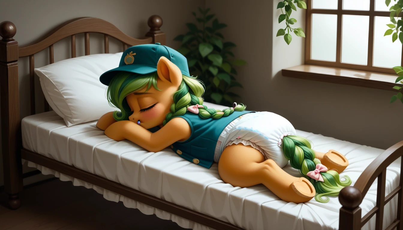 pony, бежевая земная pony, no horn, no wings, adult filly, lush mane braided, bushy tail, closed eyes, sleeps in a crib, dressed in a vest, cap and booties, pacifier in mouth, solo, thick diaper under clothes.