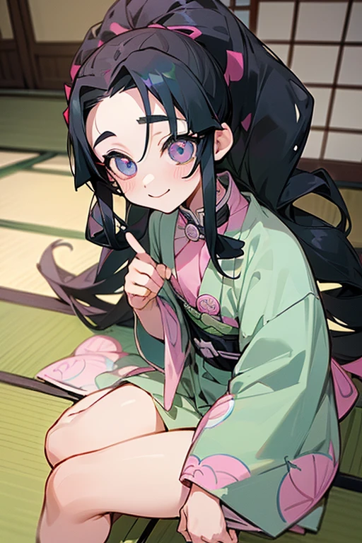 (best qualityer)), ((work of art)), (detailded)), ((art アニメ Kimetsu no Yaiba)), ((child)),(( blackquality hair)),(( pink eye and blue eye)), ((with the eye pupil shaped like a bright white star)), ((large white haori with pink water details)), ((in an old Japanese house, sitting on the floor)), ((smiling looking to the side)), ((stray hair, great edesamarrado)), ((fluffly)),(( アニメ)), ((art)), ((Kimetsu no Yaiba)).