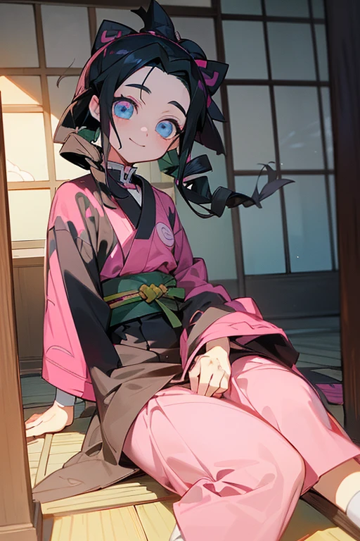 (best qualityer)), ((work of art)), (detailded)), ((art アニメ Kimetsu no Yaiba)), ((child)),(( blackquality hair)),(( pink eye and blue eye)), ((with the eye pupil shaped like a bright white star)), ((large white haori with pink water details)), ((in an old Japanese house, sitting on the floor)), ((smiling looking to the side)), ((stray hair, great edesamarrado)), ((fluffly)),(( アニメ)), ((art)), ((Kimetsu no Yaiba)).
