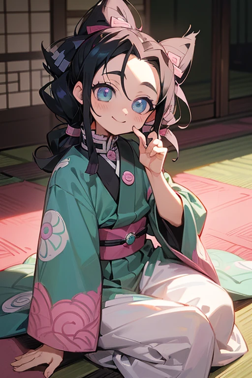(best qualityer)), ((work of art)), (detailded)), ((art アニメ Kimetsu no Yaiba)), ((child)),(( blackquality hair)),(( pink eye and blue eye)), ((with the eye pupil shaped like a bright white star)), ((large white haori with pink water details)), ((in an old Japanese house, sitting on the floor)), ((smiling looking to the side)), ((stray hair, great edesamarrado)), ((fluffly)),(( アニメ)), ((art)), ((Kimetsu no Yaiba)).