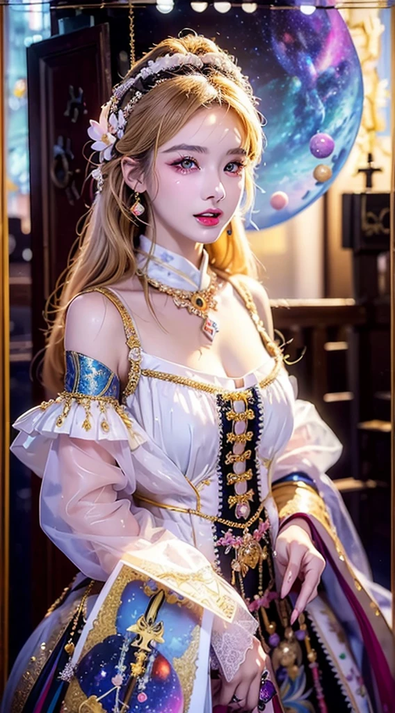 very cute, Blonde Hair, Big smile, One 20-year-old girl, 1. Goddess Athena, The beautiful, flawless face of the goddess Athena, delicate yellow nightgown, Lots of sexy black lace detailing、Long sheer sequined nightgown, A beautiful pale red silk half veil, Legends of female saints, Icons of female saints, Beautiful goddess-like glitter, Dark and mysterious version, Vermilion lips, Plump red lips, ((口をclose:0.9)), Complete teeth, Symmetrical incisors, Bright white teeth, ((Angry face:0.8)), delicate and beautiful pino detailing, delicate and beautiful lip detail, (Pure and perfect face: 1.9), Female Eucharist, Round Breasts, 大きくてRound Breasts, Phoenix Brooch, Long, flat bangs, Long black hair, Beautiful, clear face and well-proportioned eyes, (Pale pink eyes with transparent irises: 1.8), (Big round eyes and makeup, Sexy wet eye makeup, So beautiful、Careful hair and makeup, long and delicate blonde hair, delicate, Body image: 1.8), shape: Brilliant and, (The stars that make up the sky々: 1.7), (The Gate of Heaven and Imaginary Time and Space: 1.8), Imaginary art, RAW Photos, hanfu pictures, Best Photos, High resolution, 最high quality, Best Photos, Best Goddess Quality, 8k female, Super 8 Single Saint Portrait, The most true color scheme, masterpiece, Best Beauty Brands, Best Hair Jewelry, Brand real photo, Dark studio, Border Light, Two-tone lighting, (Rosy white skin: 1.4), (High skin detail: 1.1), 8k uhd, SLR, Soft Light, 8k, high quality, Frank, Smooth and sharp volume, 10x more pixels, Sexy Goddess, Sexy Goddess, (Background Space: 1.8), (The most beautiful aurora eye: 1.7), Beautiful Eyes, The aurora is beautiful and flower-like, (Beautiful single women: 1.8), (see here:0.8), close, Approaching the Goddess, Clear and unrealistic
