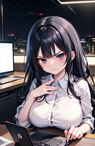 (Cute older sister:1.3)、Spring atmosphere、night、Aggressive、office、((Annoyed face))、Type on your computer、A lot of work、over time,Big Breasts。Long black hair