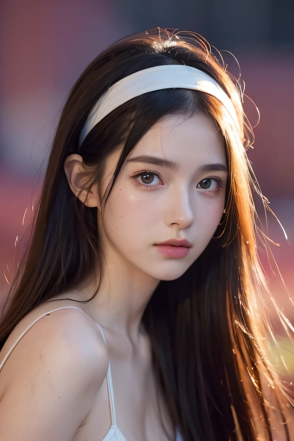 (8K, best quality, masterpiece:1.2),(best quality:1.0), (Ultra-high resolution:1.0), watercolor, A beautiful woman, Shoulder, Headband, author：Agnes cecile, Half-length portrait, Extremely bright design, Soft colors, (ink:1.3), Autumn Lights,