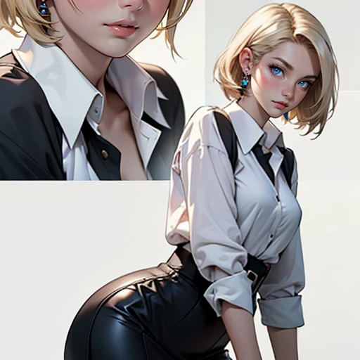 ((masterpiece)), (((best quality))), 1 female, pale white skin, very light blonde hair, medium hair, bob hair style, beautiful woman, blue eyes, simple earrings, blouse, skirt, leggings, small breasts, waist up view, detailed face, highest quality, highly detailed, original, high resolution CG Unit 8k wallpaper, (best quality, artwork, masterpiece, 4k)