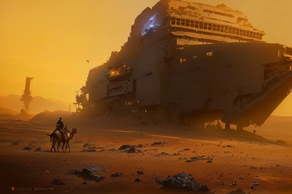 (((There was a camel rider 1.8))),(((gray blue sky 1.8))) (((khaki ground 1.8))) author:Alexander Jean, Jessica Rosier Fantasy Art, Highly realistic concept art, Stunning sci-fi concept art, Craig Mullins Necro, 8k concept art, 8k concept art, 4K concept art, 4K concept art, dramatic concept art, Stunning concept art, Craig Mullins The Key to Darkness