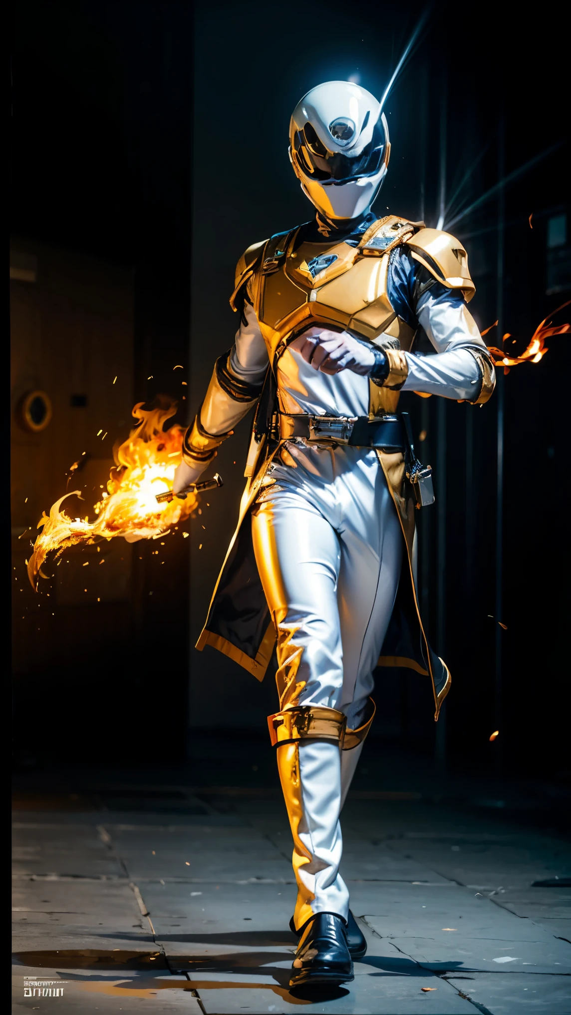 1boy, white, full body, Illustration, cinematic light, high resolution, best quality, ultra detailed, masterpiece, power suit, powerranger, suit, spd, (silver royal guard ranger suit), gold detail, holding white pistol, flowing, light armor,  martial arts, dynamics, flames, particles