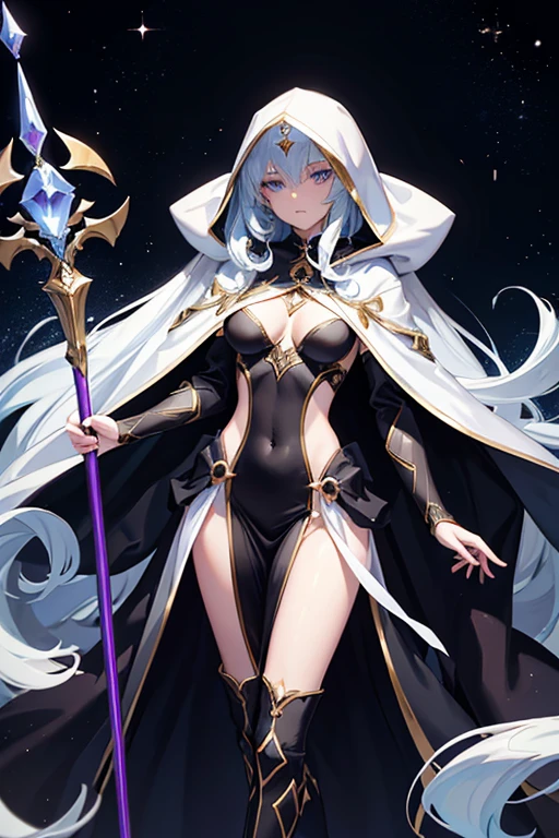a thin and sweet magician girl with long ashen hair. He wears a long cape with a hood that covers his head.. Below you can see a sexy outfit with high boots that shows off her abdomen and thighs.. She has a staff in her hands and is surrounded by a powerful magical aura.. The image has vibrant colors and fine details on her clothing.