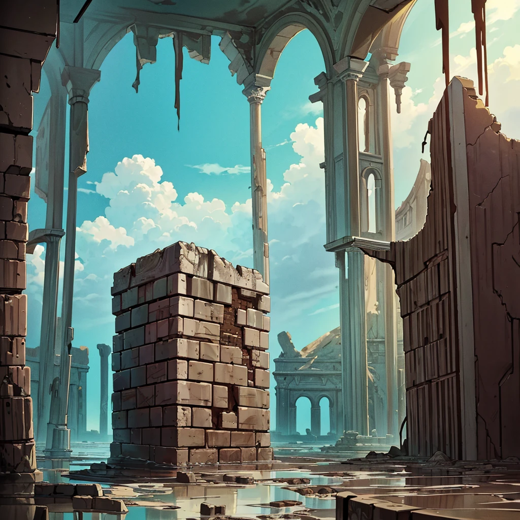 Best illustrations、Best Quality、(No humans、Background only)、((((Sea of mud、Brown Sea、Ancient ruins、Broken wall))))