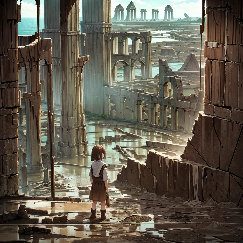Best illustrations、Best Quality、(No humans、Background only)、((((Sea of mud、Brown Sea、Ancient ruins、Broken wall))))