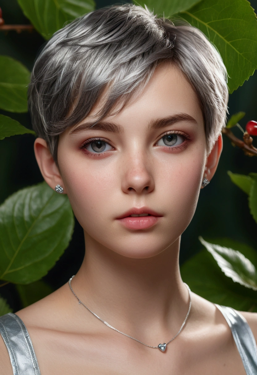 (8K, Photorealistic, Raw photo, of the highest quality: 1.3), (1girl in), Super beautiful, (Realistic face), (boyish, Silver Color Berry Shorthair), Beautiful , Glare that captivates the viewer, Beautiful expression, Beautiful breasts, (Realistic skin), Be...