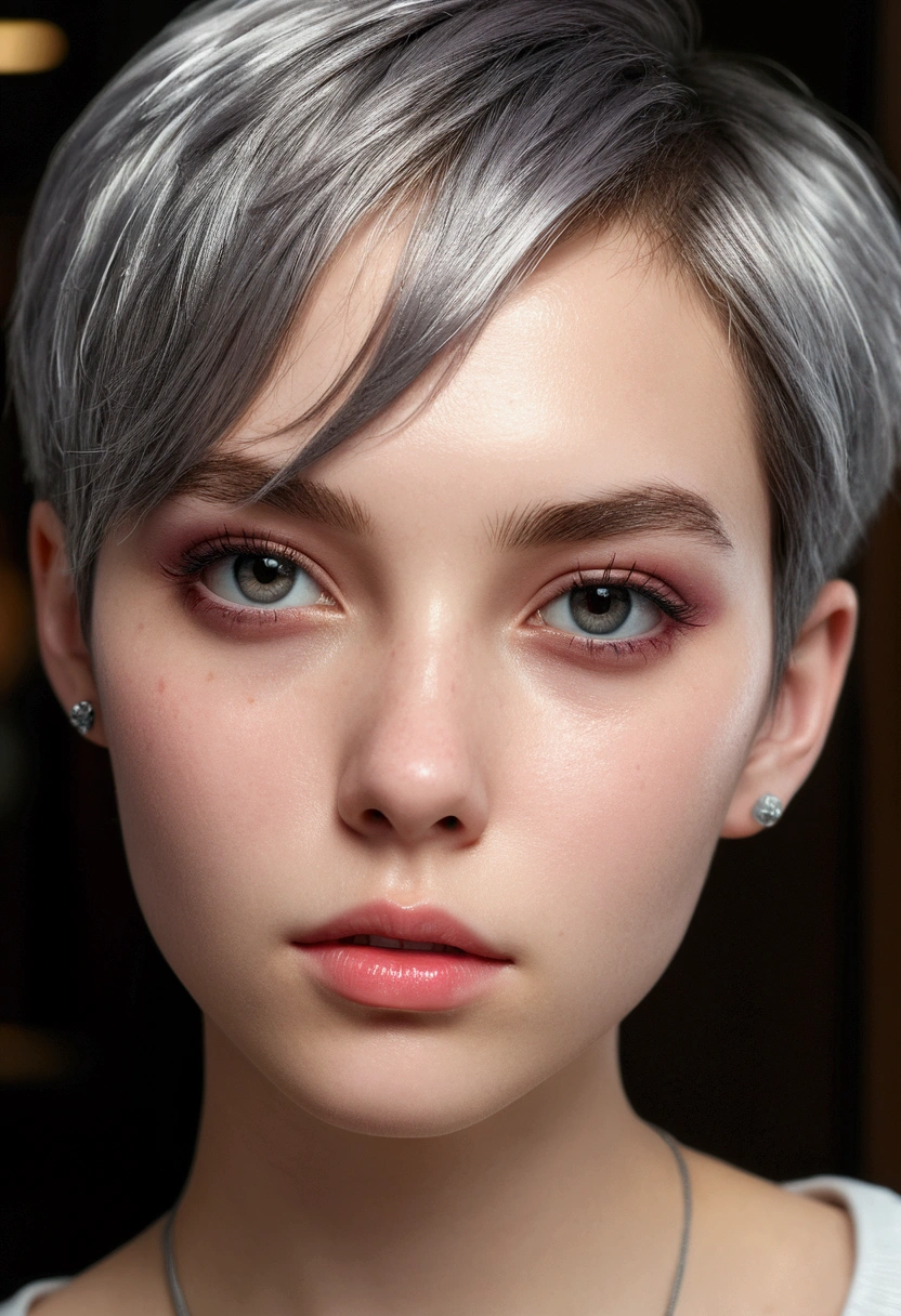 (8K, Photorealistic, Raw photo, of the highest quality: 1.3), (1girl in), Super beautiful, (Realistic face), (boyish, Silver Color Berry Shorthair), Beautiful , Glare that captivates the viewer, Beautiful expression, Beautiful breasts, (Realistic skin), Be...