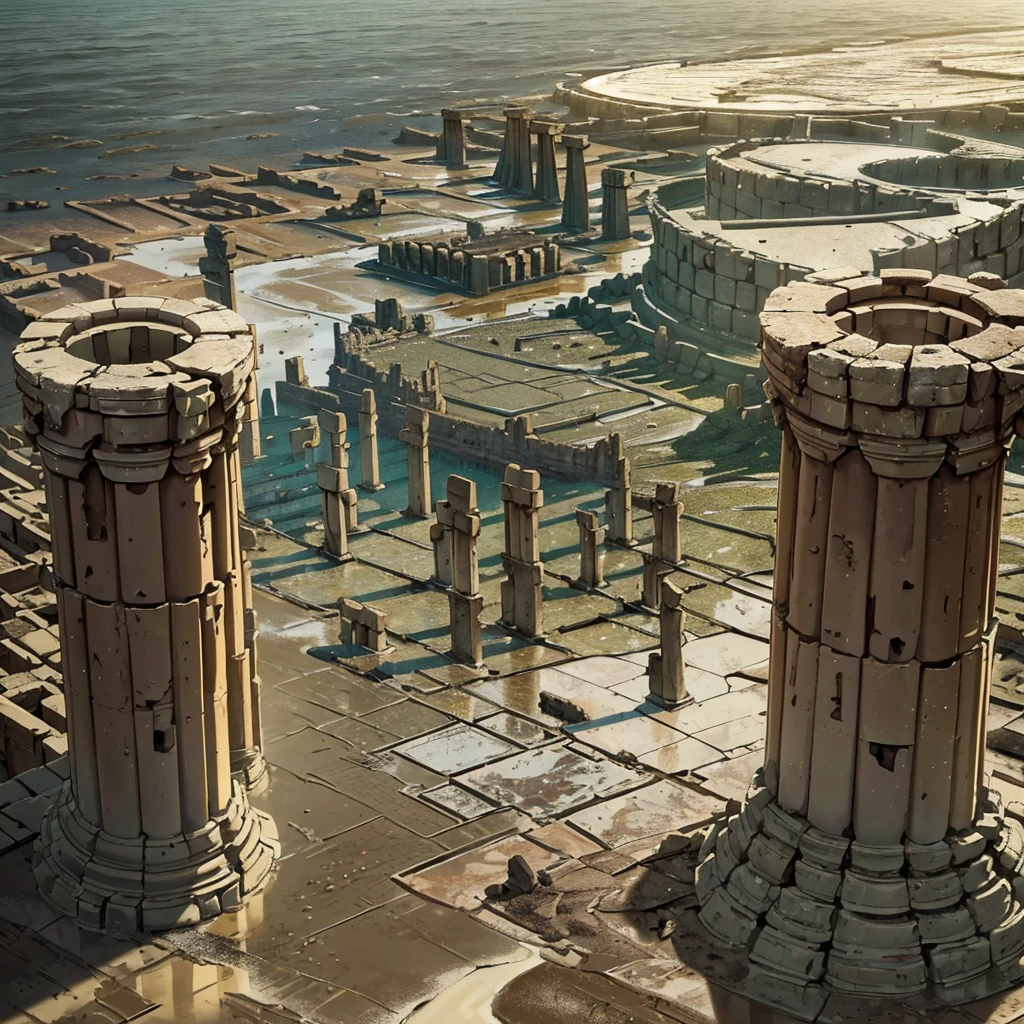 Best illustrations、Best Quality、(No humans、Background only)、((((Sea of mud、Brown Sea、Ancient ruins、Broken pillars))))、From above at an angle