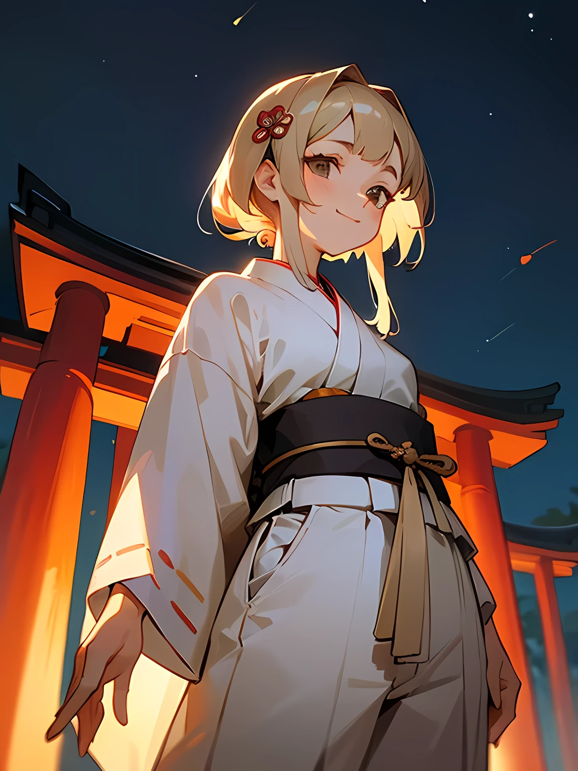 from below:1.3,((I am the main character)), model pose,solo, upperbody, beige hair color, asymmetrical bangs, long sideburns, white Japanese clothes, Japanese-style white mini pants, smile, ribbon hair ornament, evening, Japanese shrine, precincts,Cute atmosphere, looking away night sky, thinking