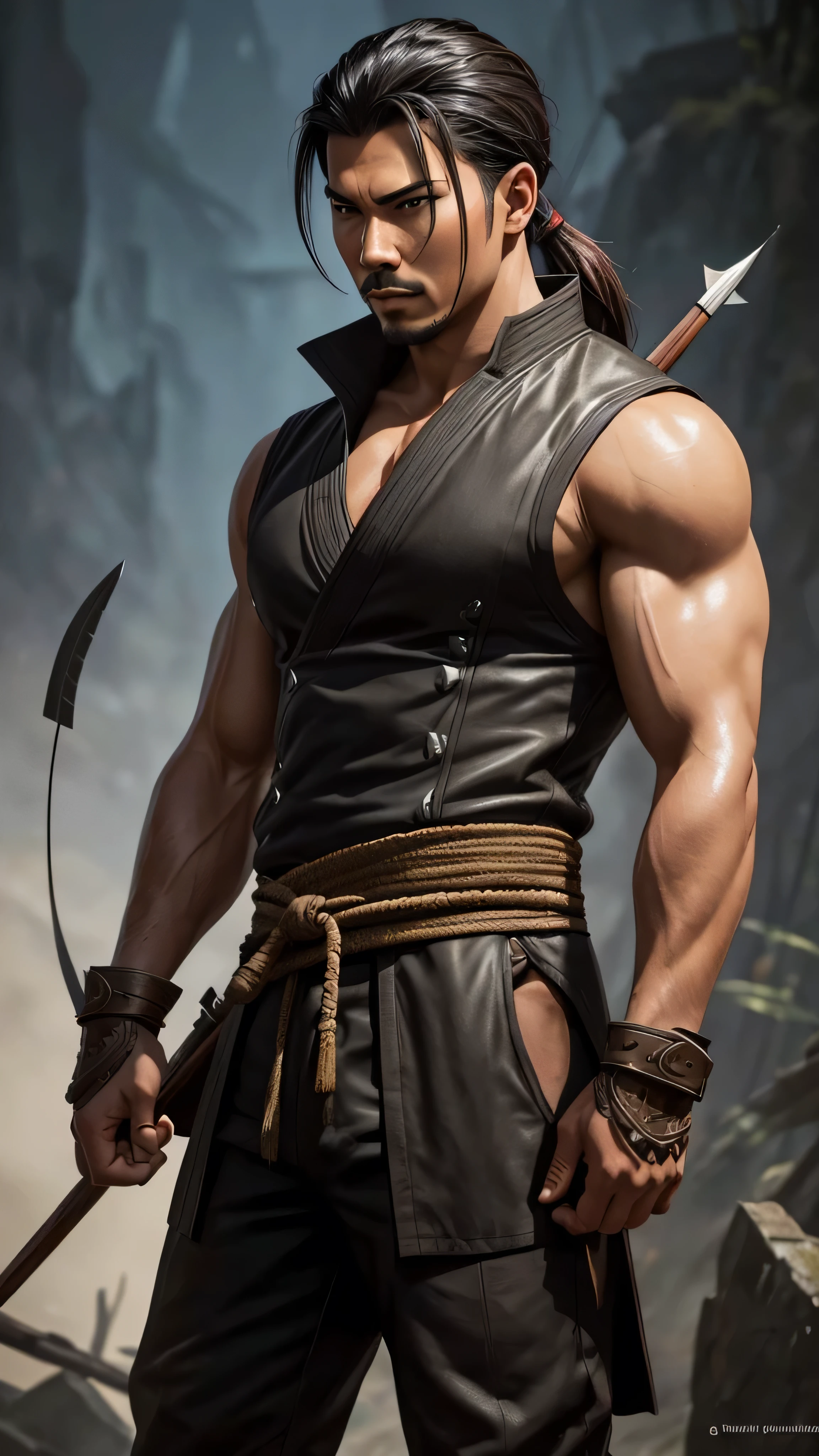 (Lewis Tan) as Kung Jin from Mortal Kombat, black long ponytail, dark brown traditional martial arts sleeveless vest, dark brown traditional martial arts pants, dark brown loincloth, hoding (bow), (arrows), (bronze helmet), (insanely detailed, beautiful detailed face, masterpiece, best quality), cinematic lighting, 1man, solo, full body view, front view, looking at viewer, intricate, high detail, sharp focus, dramatic, photorealistic painting art by greg rutkowski