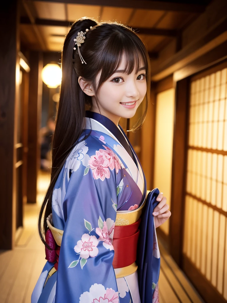 masterpiece、1 beautiful girl、Detailed eyes、Puffy eyes、Highest quality, 超High resolution, (Reality: 1.4), Cinema Lighting、Japanese、Asian Beauty、Super Beauty、Beautiful Skin、Slender、Body facing forward、(Surreal)、(High resolution)、(8k)、(Very detailed)、(Beautiful and detailed eyes)、(Ultra-detailed)、Detailed face、Bright lighting、Professional Lighting、(The costume is a kimono)、Long Hair, My hair is messy, (Festivals)、Brown Hair、Japanese Idols、Age 21、expensive, smile,Double teeth、(((Turn your body forward)))、Show your whole body、Walking the hallway
