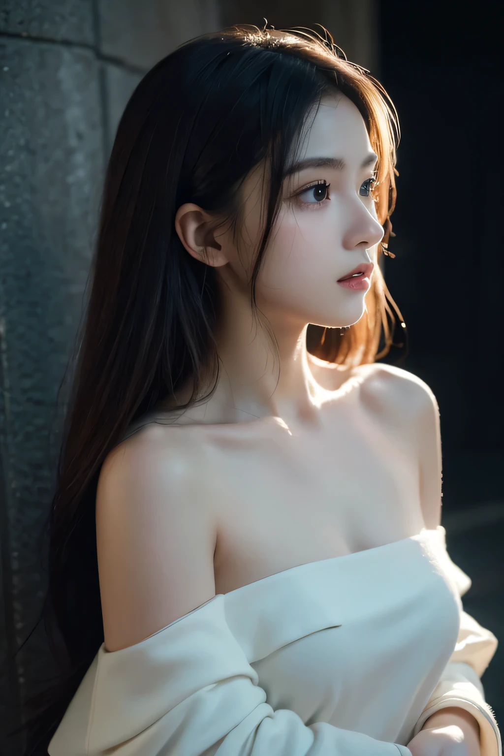 best quality, masterpiece, Ultra-high resolution, (Reality:1.4), RAW photos, 1 Girl, Off-shoulder, in the darkness, Deep Shadows, Low profile, Cold Light, Delicate skin