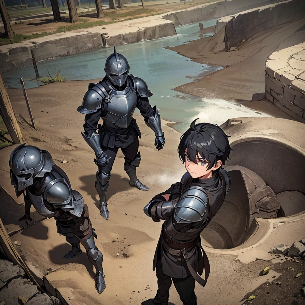 Best illustrations、Best Quality、(Full body character concept)、(((Gray simple armor、Black trousers、Black gloves、Short Hair、Black Hair、20 year old man、Iron Helmet、Iron helmet)))、(((Fighting Pose)))、(Old ruins、desert。Grass)、(Masked Knight)、(Black, muddy swamp)、(Medieval Knight)、(Close your eyes、get annoyed、Open your mouth、Get angry、Sweat)、battlefield、(From above at an angle)、Sea of mud、Black Sea、Fall to the ground、The lower half of the body is buried in the ground