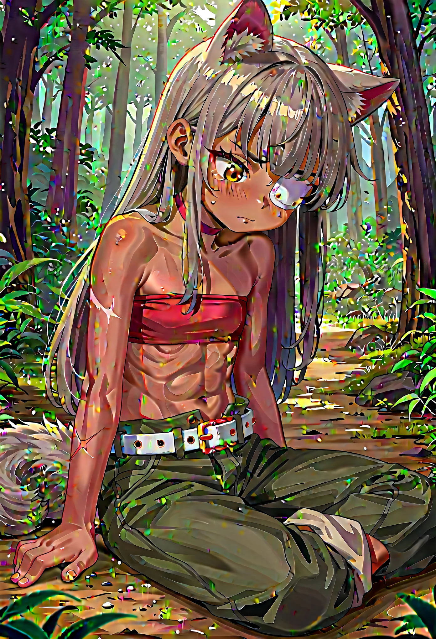 score_9, score_8_up, score_7_up, 1girl, solo, (loli:1.5), kid, flat chest, ghislainedef, dark skin, scar, white eyepatch, long hair, tousled hair, gray hair, tail, animal ears, red bandeau, green pants, open pants, red choker, belt, sitting on ground, sad, pouting, sobbing, oversized pants looking down, forest,
