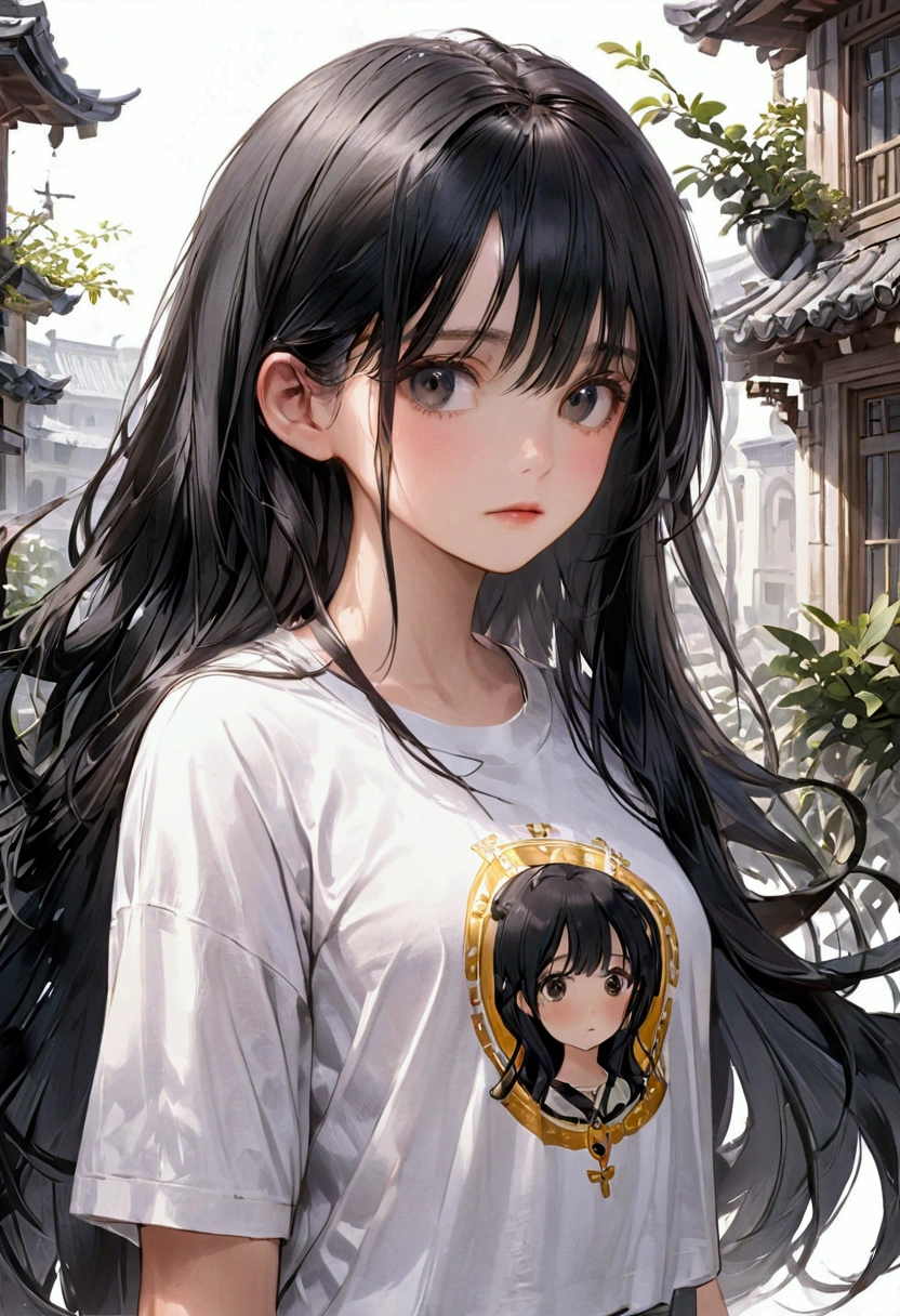 A girl with long black hair and black eyes,casual wear.