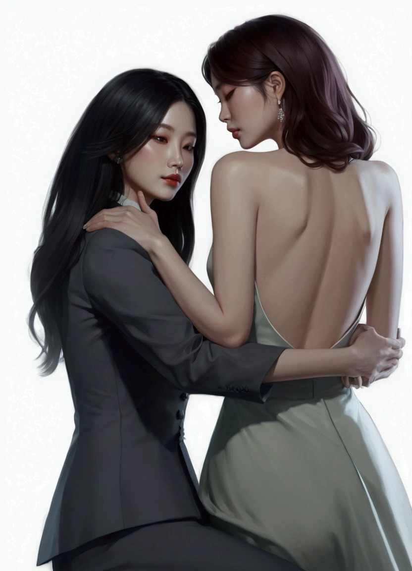 a painting of two women in formal wear hugging each other, inspired by Kim Deuk-sin, digital art of an elegant, in the art style of bowater, by Yang J, inspired by jeonseok lee, two women, by Jeong Seon, by jeonseok lee, lesbian art, by Kim Deuk-sin, a beautiful artwork illustration