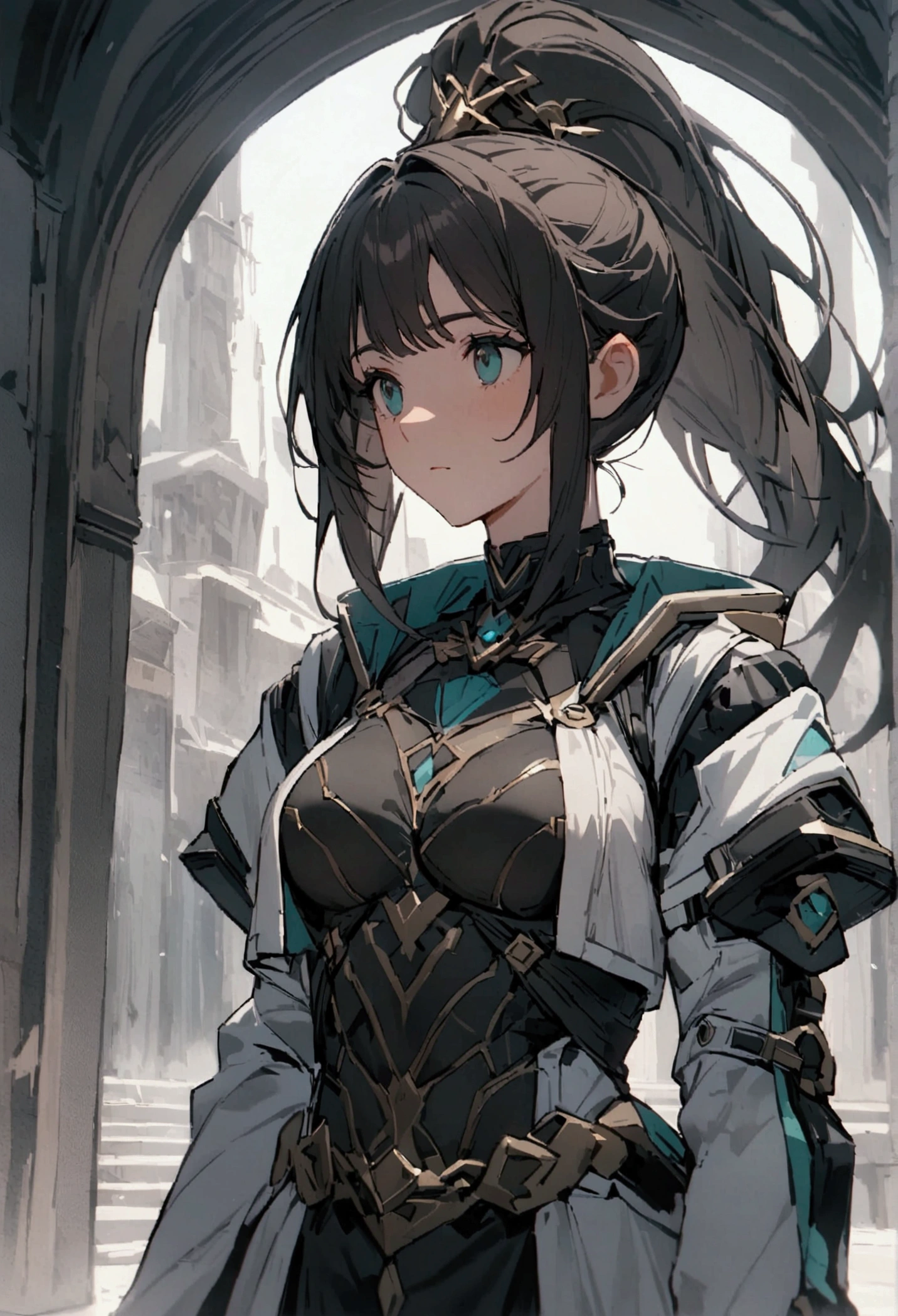 A dark-haired woman wearing a tight white jacket,Mix and match styles,Light grey and light bronze,avant-garde,Soft focus technology,Dark white and dark teal,Soft edges,AR 36:53 --Style 750 --V 6