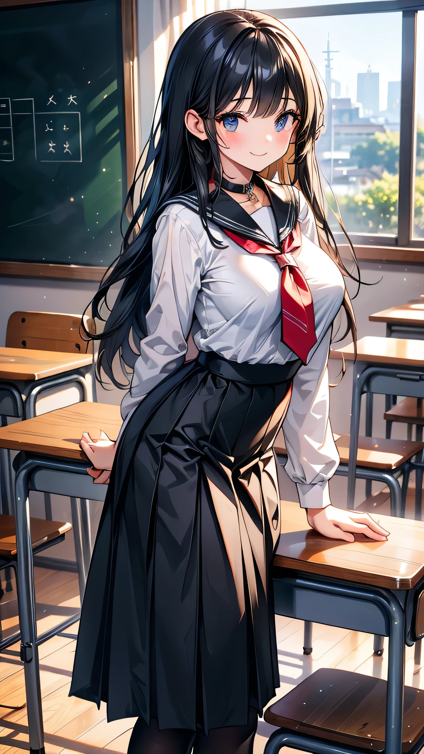 high school student Tie up long hair Bangs Hime cut Black Hair smile Big Breasts Country-style black sailor suit Nagoya collar Long skirt Long skirt stand Rural classroom
